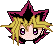 Pixelated character with spiky blonde hair and purple eyes in a star-shaped frame, showing multiple facial expressions including closed eyes and neutral look.
