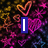 Pixelated text "I Love You" in blue and orange over a dark, colorful background with heart shapes.