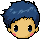 Pixel art head with blue spiky hair, yellow skin, pink cheeks, and black eyes in three distinct expressions against gray background.