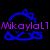 Blue outlined cartoon character with spiky crown and rounded body appears in three states: left displays 'MikaylaL7', top-right shows 'Says', bottom-left reads 'Hi' in purple text.