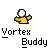 _Vortex Buddy_ icon shows a yellow figure with white head and arms, alternating between raised-arms pose and swirling motion; text below is black pixelated font.