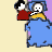 Animated contact sheet showing a cartoon character with white face and black hair lying in bed under blue blanket, interacting with another figure while background alternates between purple and beige.