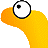 Pixelated orange shape with a large white eye featuring a black pupil, set against a gray background.
