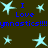 Blue text "I Love gymnastics!!!" repeated twice on dark background with light blue stars, static image.