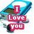 Blue digital music player with white circular top, dark screen, and black wheel; red text overlays read "I Love you" on left , "like a" on upper right, "Ipod" on lower left