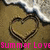 Beach scene with heart-shaped sand drawing and wave, text 'Summer Love' in pink and black.