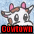 Animated cow icon with pink ears and brown patches, showing two states: one with a red 'Cowtown' text overlay and another with a yellow scarf.
