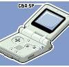 Pixel art depiction of a white Game Boy Advance SP with black screen bezel, angled view showing control buttons and screen against light blue background.