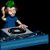 Pixelated animated icon of a DJ with green hair wearing headphones, blue shirt, and operating turntables on a blue platform against black background.