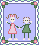 Pixel art of two girls holding hands in a purple frame with floral corners, one girl waves while the other stands still.