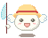 Pixelated character with straw hat and fishing rod, smiling with pink cheeks in four variations showing arm positions.