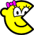 Yellow crescent-shaped character with large white eyes, black pupils, and a pink bow on its head against gray background.