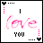 A 2x2 contact sheet of three animated frames showing a pixelated 'I love YOU' text design with heart symbols and dotted lines on white backgrounds, each frame displaying different color variations for the hearts and 'YOU' text.
