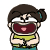 Animated cartoon character with brown hair in a bun, wearing green shirt and blue pants, smiling widely with red mouth and pink tongue.
