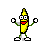 Pixelated banana character with green limbs and red mouth in multiple poses, including arms raised, bent at elbows, or side-to-side, on white background.