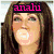 six pixelated images showing a woman with long brown hair in various poses and backgrounds, each overlaid with text like 'anali', 'duke', 'maite', and 'rbd' in different colors