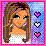 Pixelated image of a woman with long brown hair, blue eyes, and white clothing against a pink border with three hearts on the right.