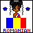 Pixel art contact sheet showing two animated frames of a cartoon character with dark curly hair and hoop earrings standing behind a Romanian flag, with stars changing color between frames.
