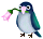 Pixelated cartoon penguin holding a pink flower in two animation frames with slight pose differences.