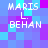 Pixelated text 'MARIS L. BEHAN' on a blue and purple checkered background with visible color shifts across frames.