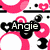 Pixelated buddy with four distinct sections: pink circles and black dots on white, blue-and-gray abstract shapes, green text over polka dots, and cyan text on yellow-pink stripes