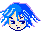 Pixel art head with blue hair and closed eyes, two variations showing different eye positions and hair flow.