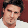 Four- with red and blue text overlays on character images, including a man in a white shirt, a man in a cowboy hat, and a man with long hair