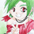 Pixelated character with green hair, red eyes, and a wide grin wearing a red outfit with white accents against a light green background.