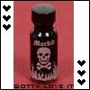 A bottle-shaped icon with a skull and crossbones design on a red background, flanked by black heart symbols on both sides.
