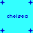 Pixelated blue background with scattered dark blue plus signs and repeated 'chelsea' text in dark blue pixel font.