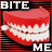Red and white pixelated mouth with teeth biting, text "BITE ME" above and below, on striped background.