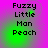 Pixelated text 'Fuzzy Little Man Peach' on a gradient background with green glow effects, displayed in four sections