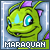 Green cartoon dragon with purple crest and blue eyes, smiling, with 'MARAQUAM' text below on light blue background.