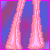 Pixelated image of a blonde character in a black and pink striped top with pink pants, showing legs, torso, and head views against a purple-blue background.