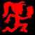 Red pixelated figure with exaggerated limbs and a ponytail against black background, resembling a stylized cartoon character or mascot.