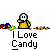 Animated contact sheet showing 11 frames of a pixel art character eating candy with text "I Love Candy" below each frame on gray background.