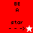 A pixelated icon with red and white sections displaying text 'BE A star' and arrow symbols, featuring a white star on red background and a red star on white background.
