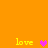 Yellow 'love' text and pixelated hearts on an orange background, with two heart colors alternating.