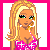 Pixel art contact sheet of a blonde woman in pink bikini top with multiple expressions and text phrases on white backgrounds, framed by bright pink border.