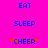 Pixelated text on bright pink background: EAT (top), SLEEP (middle), CHEER (bottom) with orange starbursts around the word.