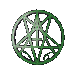 Green circular icon with interwoven star and geometric patterns, viewed from multiple angles showing rotation and perspective changes.