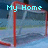 Pixelated image showing a red goalpost with blue and gray background, featuring light cyan text reading 'My Home' at the top.