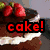 Four pixelated images arranged in a : top-left shows chocolate cake with strawberries, top-right white cake with red berries, bottom-left stacked cakes on blue tablecloth, bottom-right coffee cup with smiley face and question marks