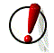 Red exclamation mark icon with black circular border and white particle effect on gray background.