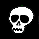 Pixelated white skull with black eye sockets and teeth against a black background, showing two states: one with solid black eyes and another with bright red glowing eyes.