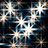 Animated starburst effect on dark background with brown displaying blue pixelated text