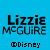 Blue background with multiple 'Lizzie McGuire' text elements, a Disney logo, and a yellow-centered flower icon.