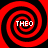 Four identical red and black spiral patterns arranged in a , each containing the text "THEO" at center