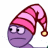 Animated contact sheet of a purple cartoon character wearing a pink and white striped nightcap with yellow bell, showing facial expression changes across seven frames.
