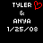 Black background displays white pixelated text 'TYLER & ANYA 1/25/08' with a red heart symbol replacing the ampersand in one instance.